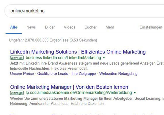 Beispiel für Google AdWords bei der Suche nach Online-Marketing